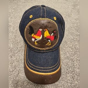Rooster Snap Back Trucker Hat Denim Faux Leather Unique Western Farmhouse Unisex